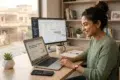 A smiling woman works on a laptop beside a project management monitor, notebook, smartphone, and coffee mug at a home office desk.