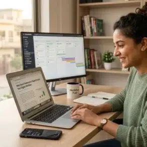 A smiling woman works on a laptop beside a project management monitor, notebook, smartphone, and coffee mug at a home office desk.