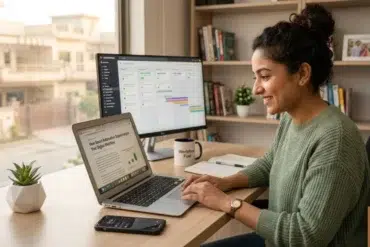 A smiling woman works on a laptop beside a project management monitor, notebook, smartphone, and coffee mug at a home office desk.