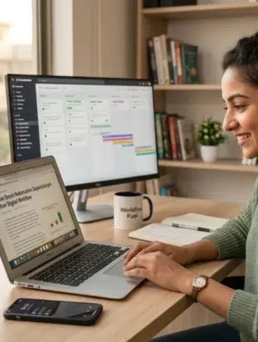 A smiling woman works on a laptop beside a project management monitor, notebook, smartphone, and coffee mug at a home office desk.