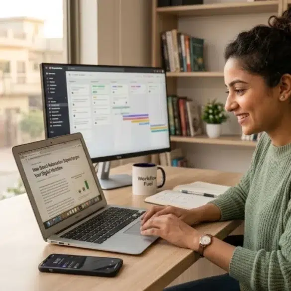 A smiling woman works on a laptop beside a project management monitor, notebook, smartphone, and coffee mug at a home office desk.