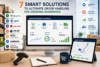 Graphic promoting seven order automation solutions, with software logos, an order management dashboard, tracking tablet, barcode scanner, box, notebook, and mug.