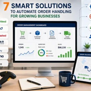 Graphic promoting seven order automation solutions, with software logos, an order management dashboard, tracking tablet, barcode scanner, box, notebook, and mug.