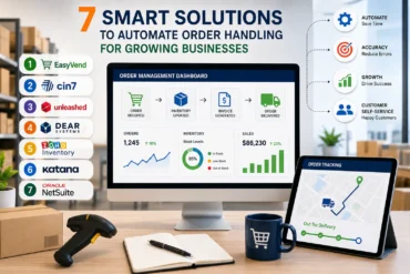 Graphic promoting seven order automation solutions, with software logos, an order management dashboard, tracking tablet, barcode scanner, box, notebook, and mug.