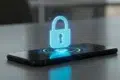 A smartphone displays a glowing blue padlock symbol, representing mobile data security and digital privacy.