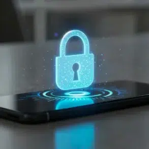 A smartphone displays a glowing blue padlock symbol, representing mobile data security and digital privacy.