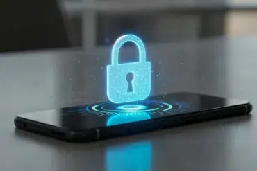A smartphone displays a glowing blue padlock symbol, representing mobile data security and digital privacy.