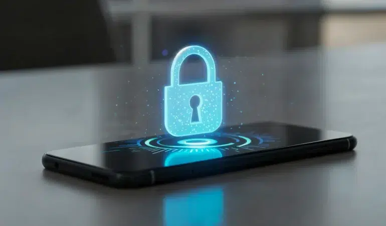 A smartphone displays a glowing blue padlock symbol, representing mobile data security and digital privacy.