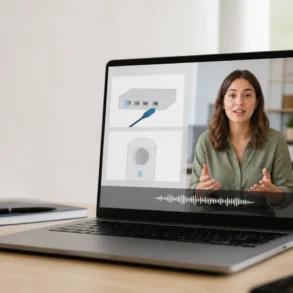 A laptop on a desk displays a woman speaking beside illustrations of a network device and speaker, with an audio waveform below.