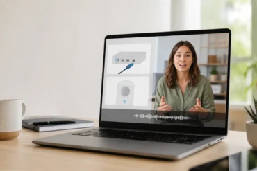 A laptop on a desk displays a woman speaking beside illustrations of a network device and speaker, with an audio waveform below.