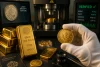 Gloved hand holds a gold maple-leaf coin beside gold bars, a testing machine, and screens showing “VERIFIED” and purity data.