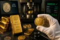 Gloved hand holds a gold maple-leaf coin beside gold bars, a testing machine, and screens showing “VERIFIED” and purity data.