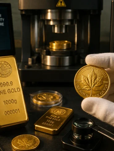 Gloved hand holds a gold maple-leaf coin beside gold bars, a testing machine, and screens showing “VERIFIED” and purity data.