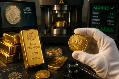 Gloved hand holds a gold maple-leaf coin beside gold bars, a testing machine, and screens showing “VERIFIED” and purity data.