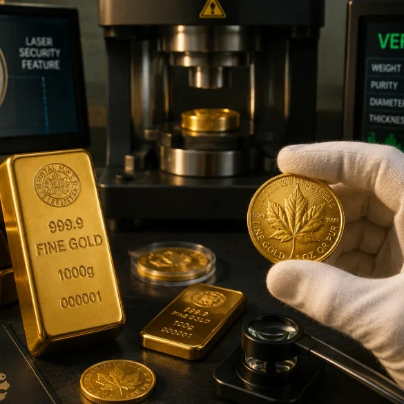 Gloved hand holds a gold maple-leaf coin beside gold bars, a testing machine, and screens showing “VERIFIED” and purity data.