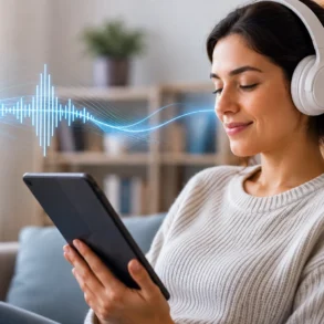 Woman wearing white headphones looks at a tablet while seated on a sofa, with a blue sound wave graphic beside her.