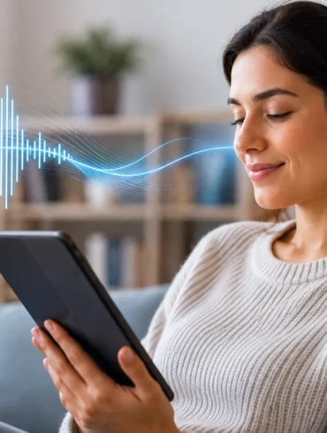 Woman wearing white headphones looks at a tablet while seated on a sofa, with a blue sound wave graphic beside her.