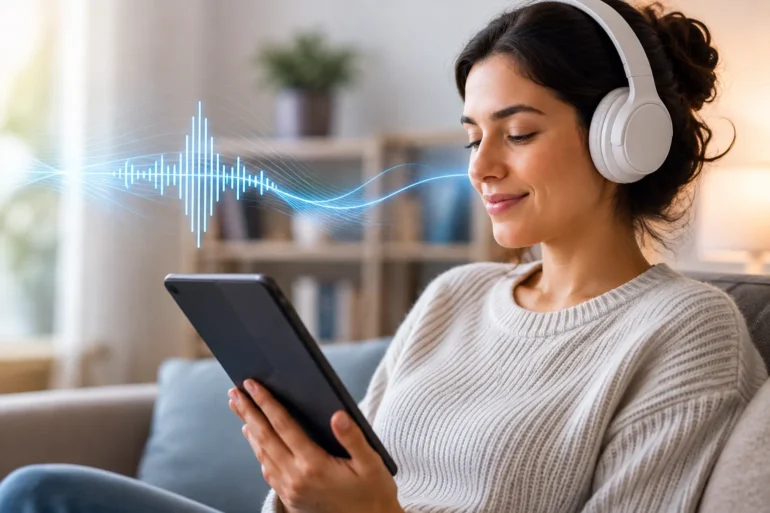Woman wearing white headphones looks at a tablet while seated on a sofa, with a blue sound wave graphic beside her.