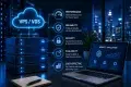Servers labeled “VPS / VDS” connect to listed benefits—performance, reliability, security, scalability, and cost-effectiveness—beside a laptop screen.
