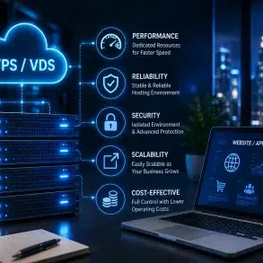 Servers labeled “VPS / VDS” connect to listed benefits—performance, reliability, security, scalability, and cost-effectiveness—beside a laptop screen.