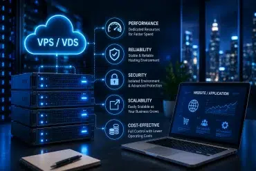 Servers labeled “VPS / VDS” connect to listed benefits—performance, reliability, security, scalability, and cost-effectiveness—beside a laptop screen.