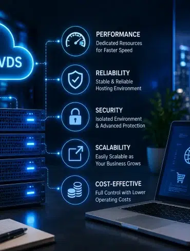 Servers labeled “VPS / VDS” connect to listed benefits—performance, reliability, security, scalability, and cost-effectiveness—beside a laptop screen.