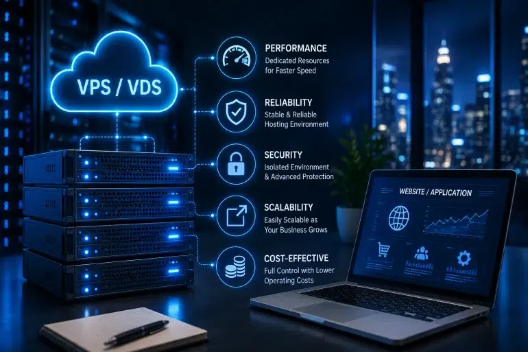 Servers labeled “VPS / VDS” connect to listed benefits—performance, reliability, security, scalability, and cost-effectiveness—beside a laptop screen.