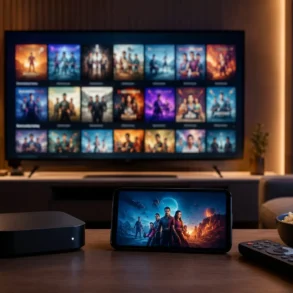 Home entertainment setup with a smart TV displaying a streaming library, a tablet showing a movie, a media player, remote control, and bowl of popcorn.