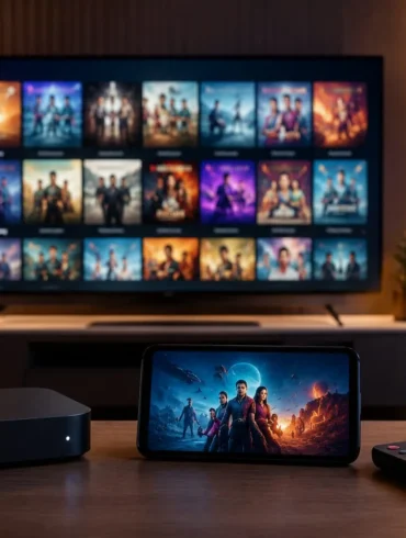 Home entertainment setup with a smart TV displaying a streaming library, a tablet showing a movie, a media player, remote control, and bowl of popcorn.