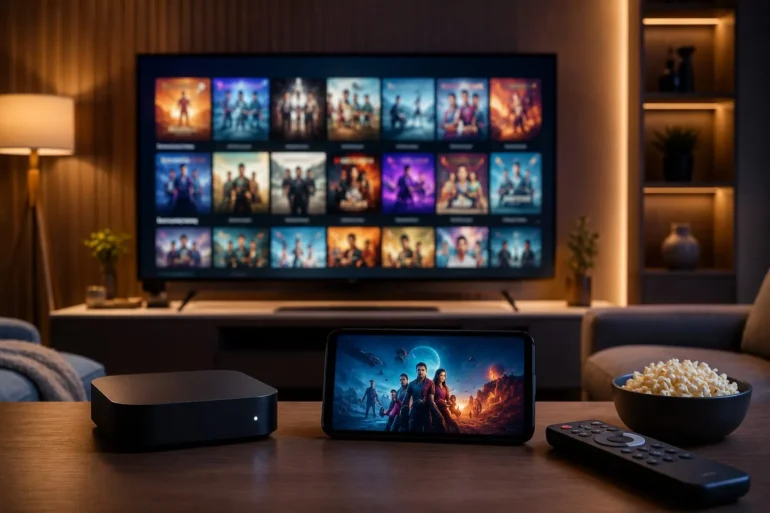Home entertainment setup with a smart TV displaying a streaming library, a tablet showing a movie, a media player, remote control, and bowl of popcorn.