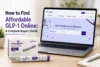 Promotional graphic titled “How to Find Affordable GLP-1 Online: A Complete Buyer’s Guide,” featuring a laptop displaying an online medicine marketplace beside Mounjaro KwikPen injection packaging and a prefilled pen.