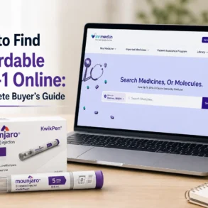 Promotional graphic titled “How to Find Affordable GLP-1 Online: A Complete Buyer’s Guide,” featuring a laptop displaying an online medicine marketplace beside Mounjaro KwikPen injection packaging and a prefilled pen.