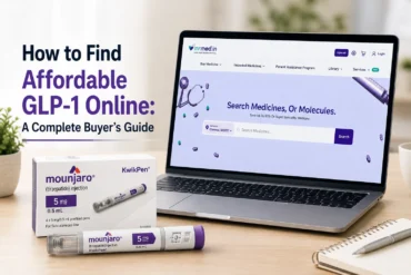 Promotional graphic titled “How to Find Affordable GLP-1 Online: A Complete Buyer’s Guide,” featuring a laptop displaying an online medicine marketplace beside Mounjaro KwikPen injection packaging and a prefilled pen.