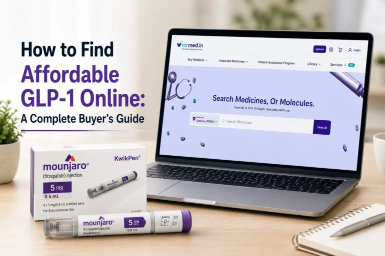 Promotional graphic titled “How to Find Affordable GLP-1 Online: A Complete Buyer’s Guide,” featuring a laptop displaying an online medicine marketplace beside Mounjaro KwikPen injection packaging and a prefilled pen.