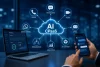 Laptop and smartphone display an AI CPaaS cloud diagram linked to voice, messaging, video, email, chatbot, analytics, integration, and omnichannel.