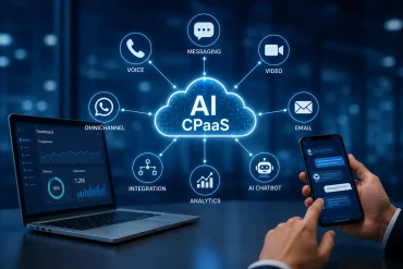 Laptop and smartphone display an AI CPaaS cloud diagram linked to voice, messaging, video, email, chatbot, analytics, integration, and omnichannel.