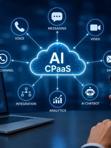 Laptop and smartphone display an AI CPaaS cloud diagram linked to voice, messaging, video, email, chatbot, analytics, integration, and omnichannel.