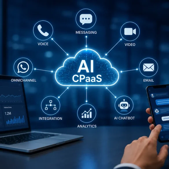 Laptop and smartphone display an AI CPaaS cloud diagram linked to voice, messaging, video, email, chatbot, analytics, integration, and omnichannel.