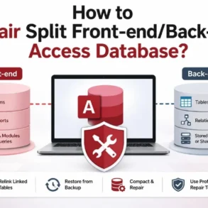 Graphic titled “How to Repair Split Front-end/Back-end Access Database?” showing front-end forms, reports and VBA modules, back-end tables, relationships and network storage, plus repair options.