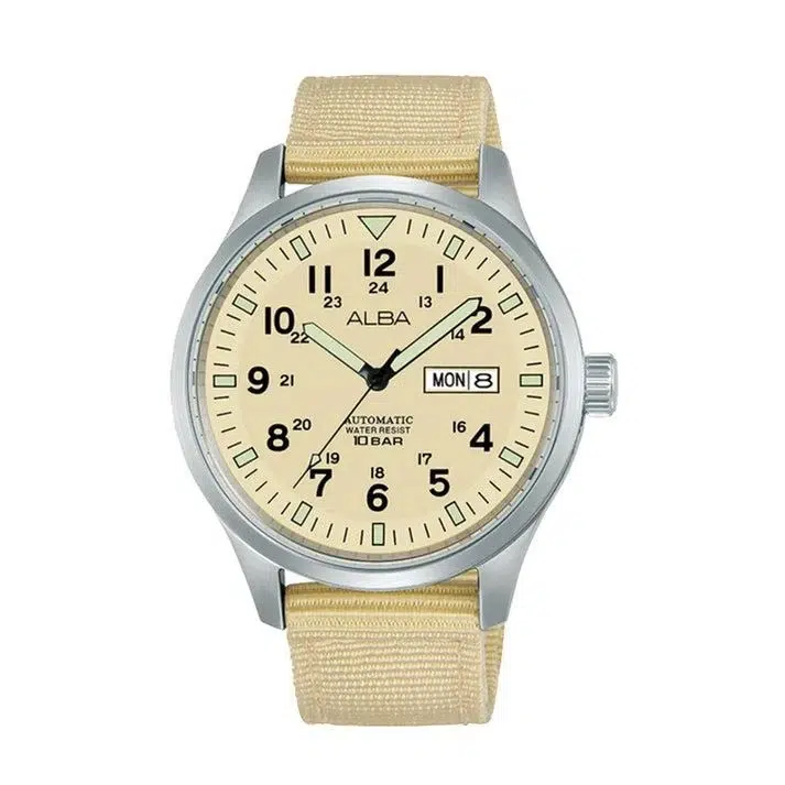 Alba analog wristwatch with a beige fabric strap, cream dial, black numerals, day-date window, and silver case.