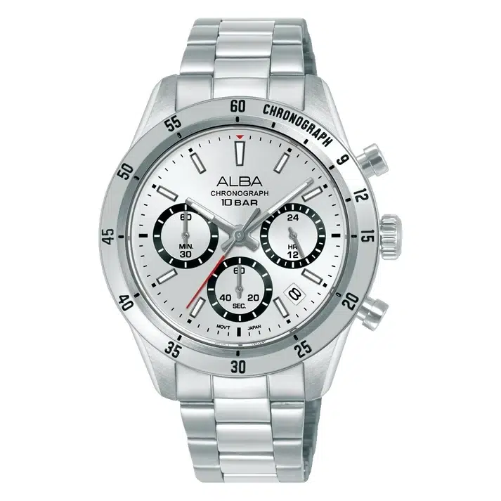 Silver Alba analog chronograph wristwatch with a white dial, black subdials, numbered bezel, and metal link bracelet.