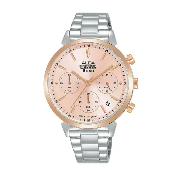 Rose-gold and silver ALBA chronograph wristwatch with a metal link band, three subdials, and text reading “5BAR” and “MOVT JAPAN.”