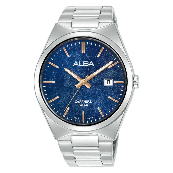 Silver Alba wristwatch with a blue textured dial, gold hands and hour markers, date window showing 8, and stainless-steel bracelet.