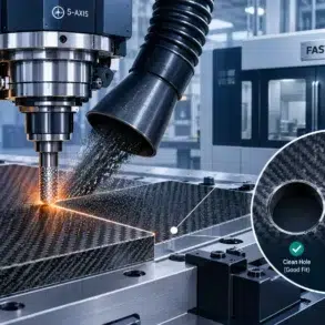 A CNC machine drills a carbon-fiber panel as an inset compares a clean hole with a frayed, delaminated one in a precision factory.