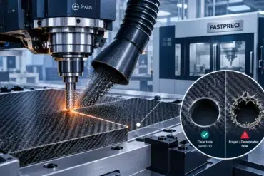 A CNC machine drills a carbon-fiber panel as an inset compares a clean hole with a frayed, delaminated one in a precision factory.