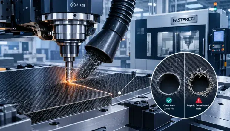 A CNC machine drills a carbon-fiber panel as an inset compares a clean hole with a frayed, delaminated one in a precision factory.