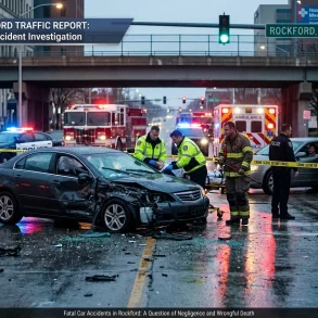 Rainy Rockford, Illinois crash scene: wrecked sedan, emergency responders, fire trucks and ambulance behind police tape under an overpass.