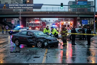 Rainy Rockford, Illinois crash scene: wrecked sedan, emergency responders, fire trucks and ambulance behind police tape under an overpass.