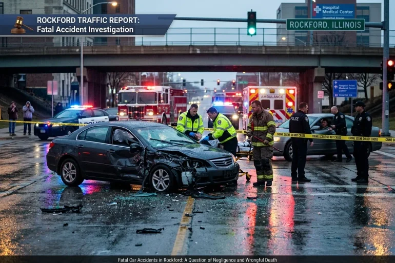 Rainy Rockford, Illinois crash scene: wrecked sedan, emergency responders, fire trucks and ambulance behind police tape under an overpass.
