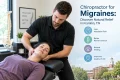 Chiropractor gently adjusts a woman’s neck as she reclines; graphic promotes natural migraine relief, less pain, and better nerve function.